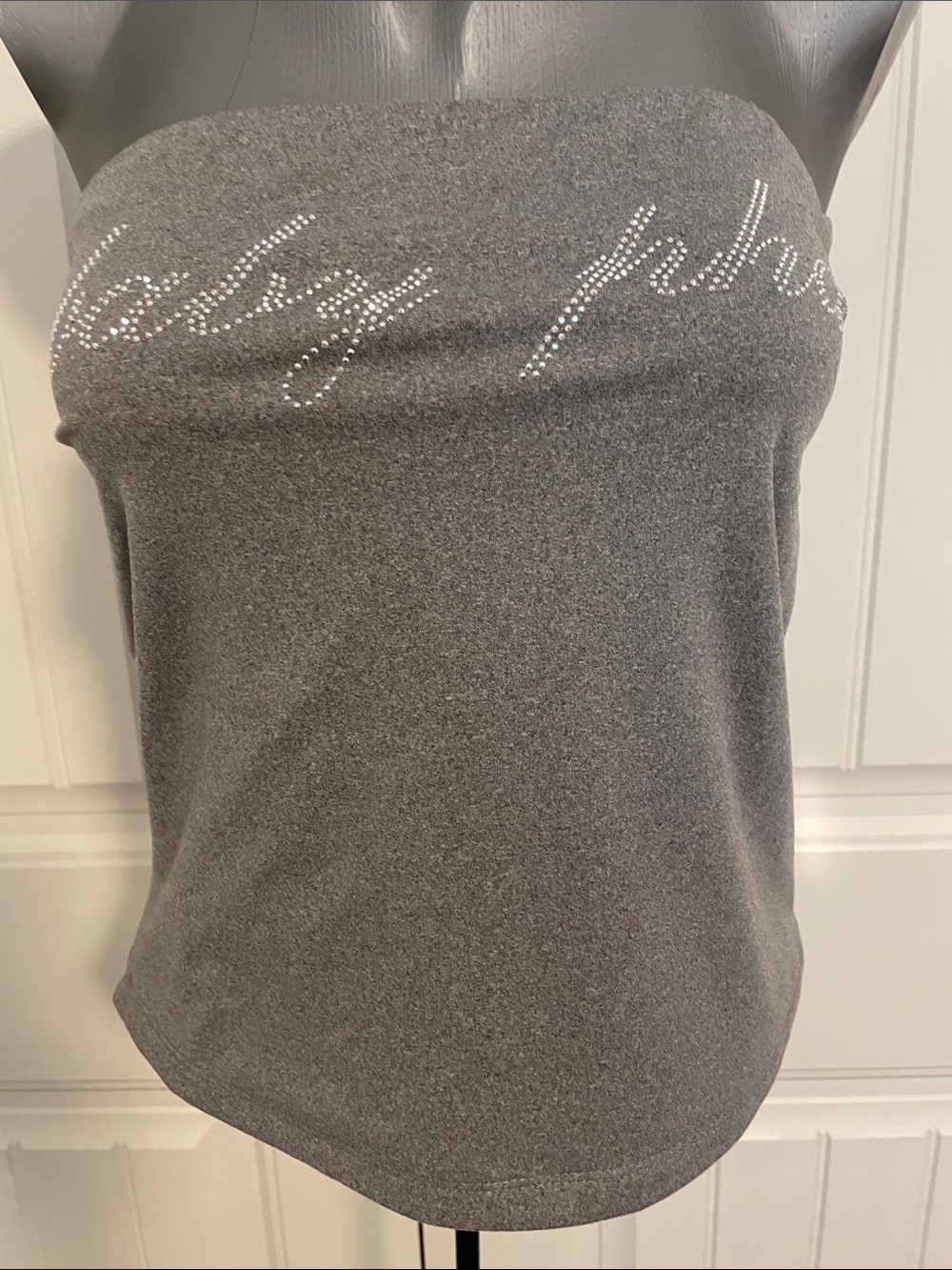 Baby Phat Gray Strapless Rhinestone Script Tube Top